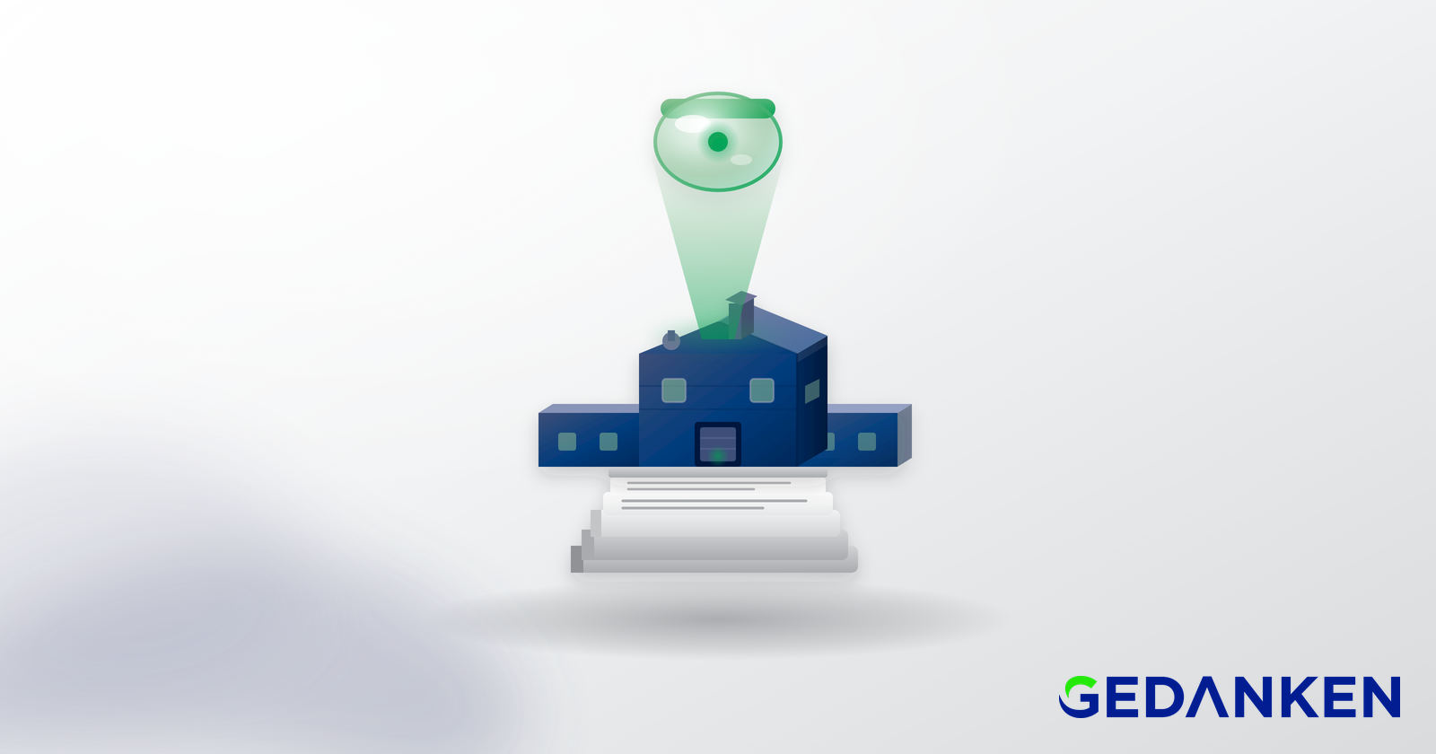 Ilustração 3D estilizada de um pequeno prédio industrial azul-marinho apoiado sobre uma pilha de documentos, iluminado de cima por uma lente verde translúcida que simboliza a análise e verificação de um fornecedor antes de uma decisão de negócio
