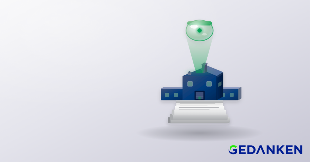 Ilustração 3D estilizada, em fundo cinza, de um pequeno prédio industrial azul-marinho apoiado sobre uma pilha de documentos, à direita da imagem, iluminado de cima por uma lente verde translúcida que simboliza a análise e verificação de um fornecedor antes de uma decisão de negócio