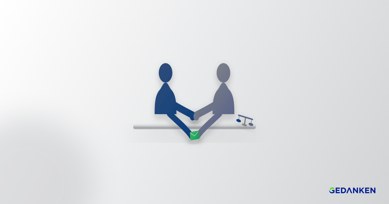 Ilustração de duas pessoas apertando as mãos sobre uma mesa enquanto um envelope é passado por baixo, com uma balança inclinada ao lado, representando um conflito de interesses.