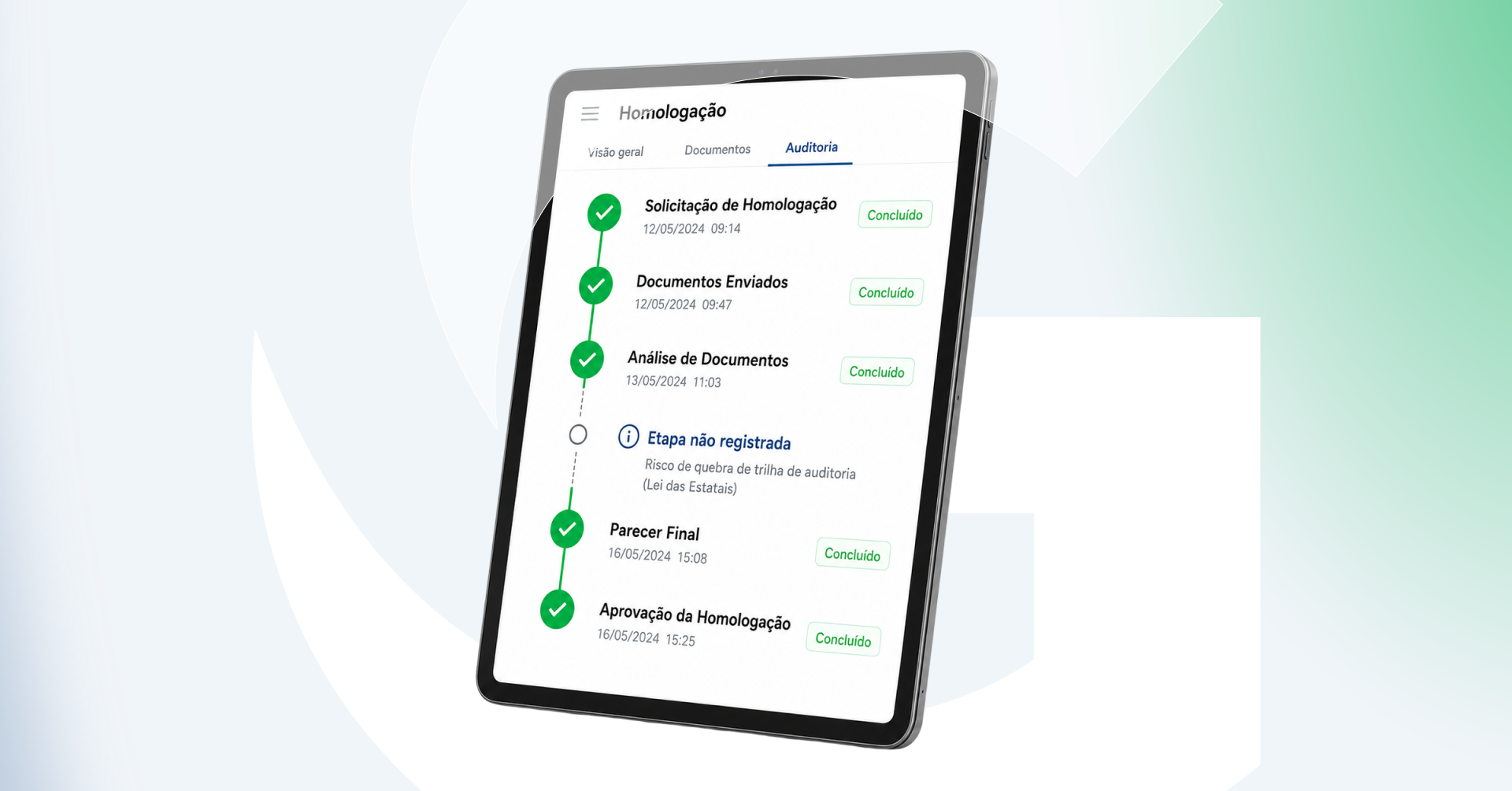 Sistema de homologação de fornecedores com trilha de auditoria que evidencia as etapas do processo e alerta para risco de quebra da rastreabilidade em conformidade com a Lei das Estatais.