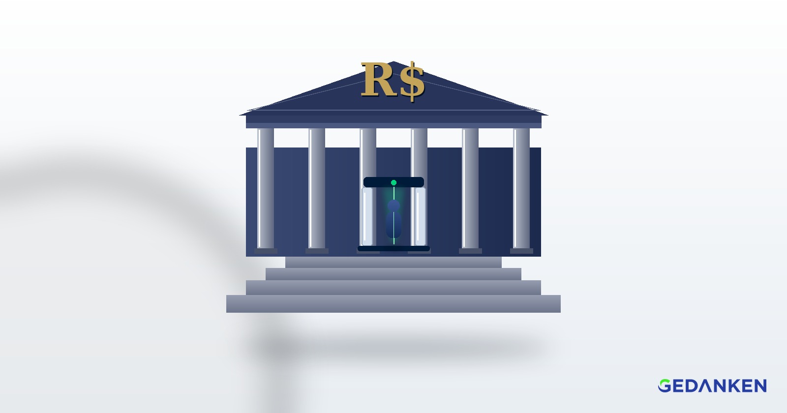 Fachada de banco com colunas clássicas e cifrão R$ no frontão, com um portal de segurança digital na entrada verificando um operador antes do acesso, representando a checagem de antecedentes no setor financeiro