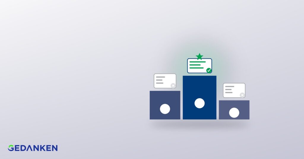 Pódio comparando três plataformas de diligência de contrapartes, com a opção em destaque aprovada por selo verde e estrela, ilustrando a escolha da melhor solução de TPRM