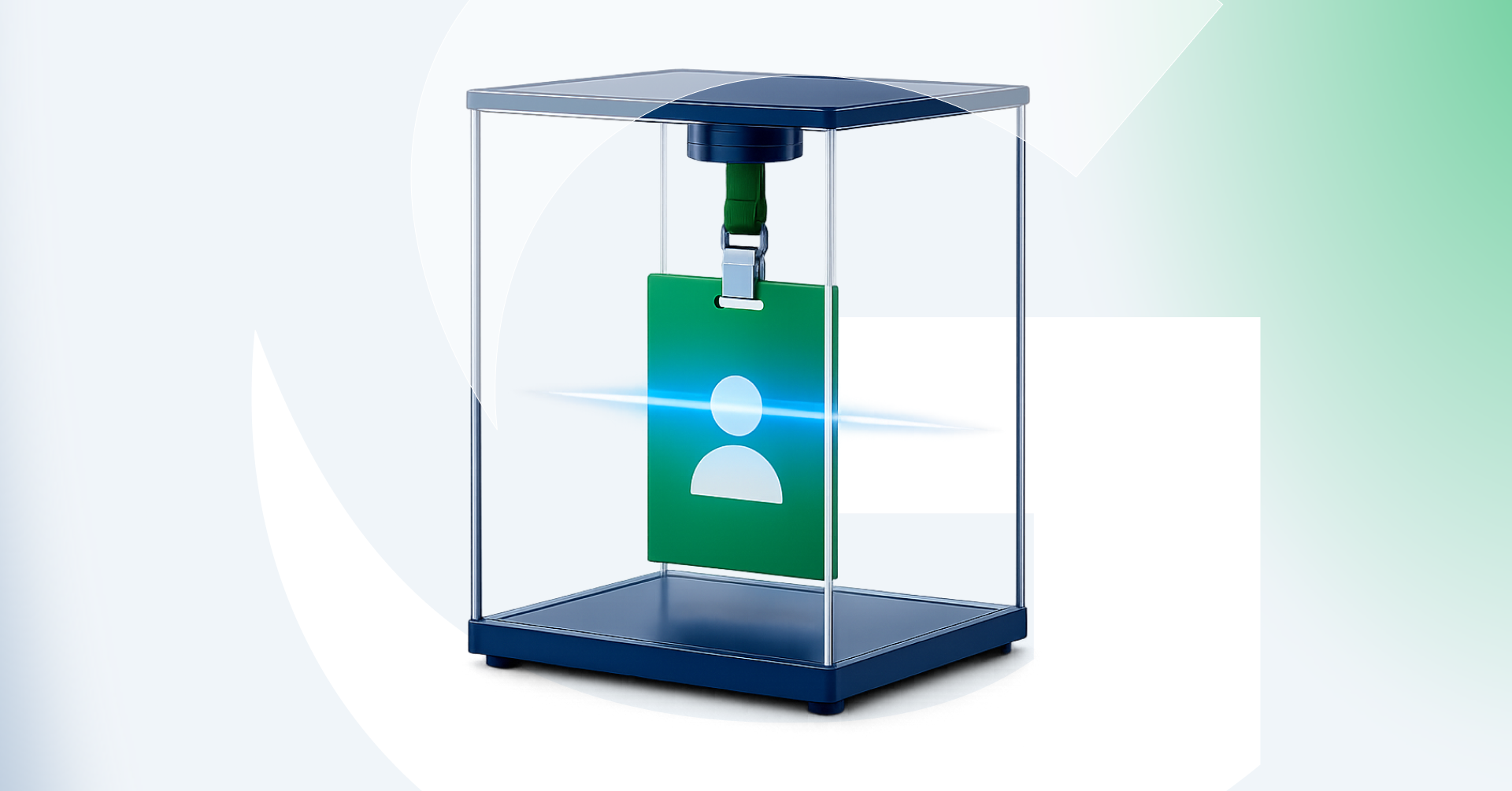 Ilustração de um crachá de identificação dentro de uma vitrine de vidro, representando o processo de verificação de identidade de colaboradores no KYE